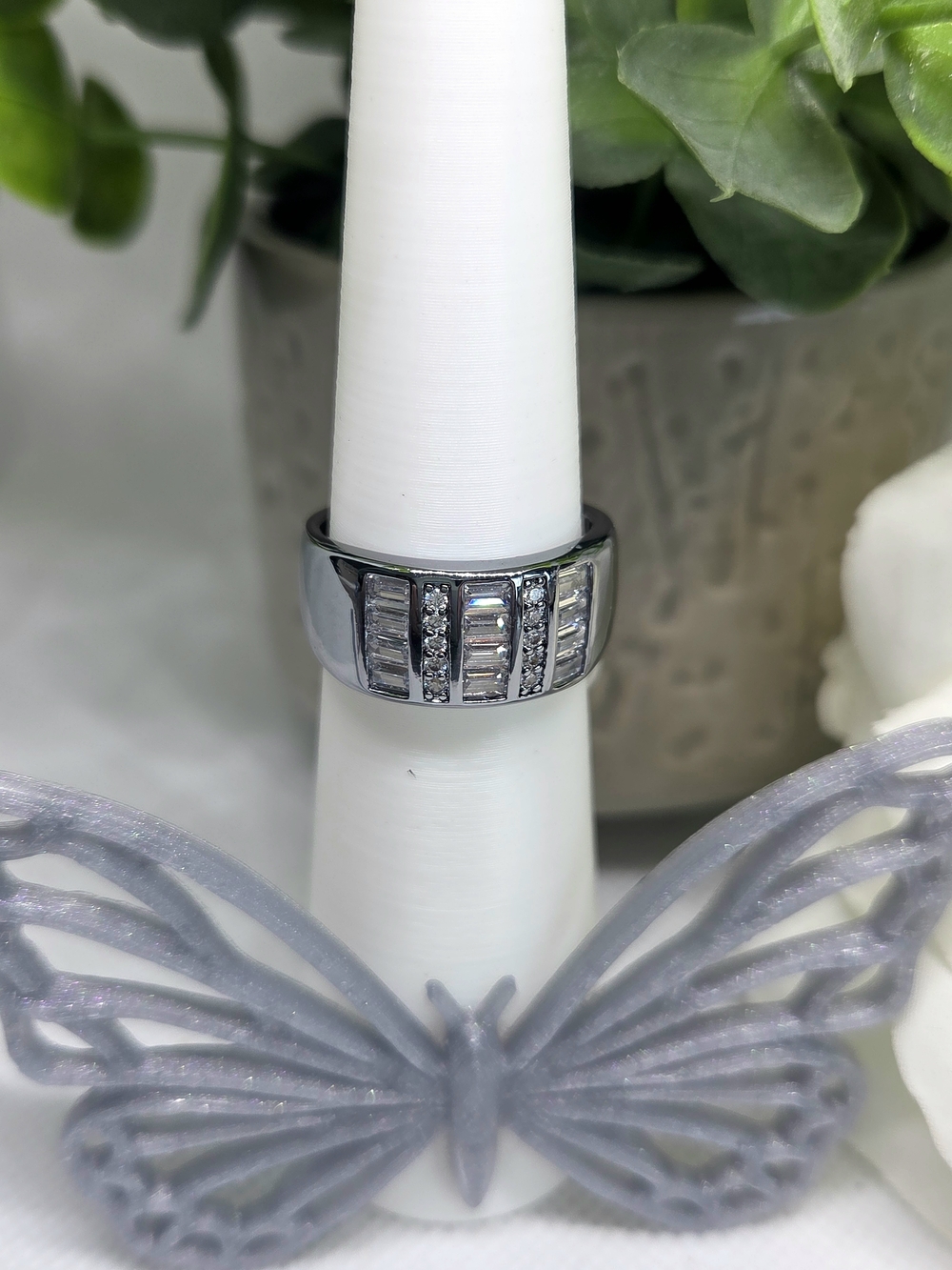 BP Polished Silver-Tone Baguette & Round Stone Ring